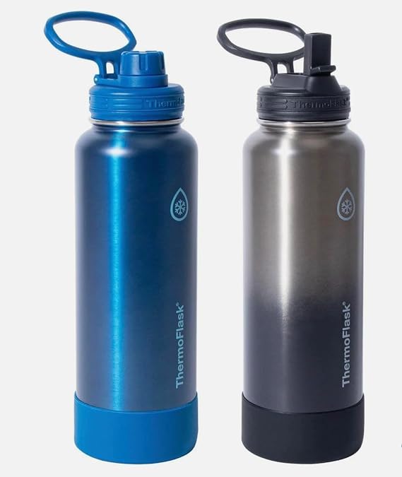 ThermoFlask Stainless Steel Water Bottle, 40 oz, 2-Pack (Silver/Blue Brushed)