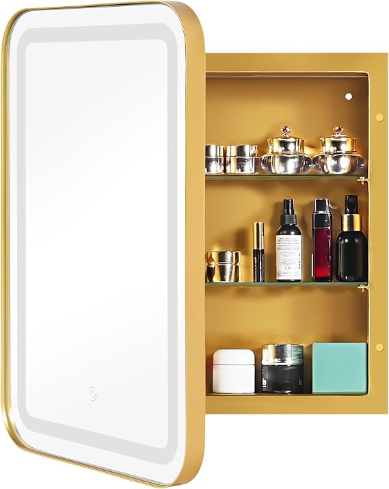 soges LED Medicine Cabinet Lighted Bathroom Mirror, Bathroom Vanity Mirror with 2 Storage Shelves, 24x 16 Recessed Medicine Cabinet, Wall Mounted Deep Metal Framed Rounded Corner, Gold