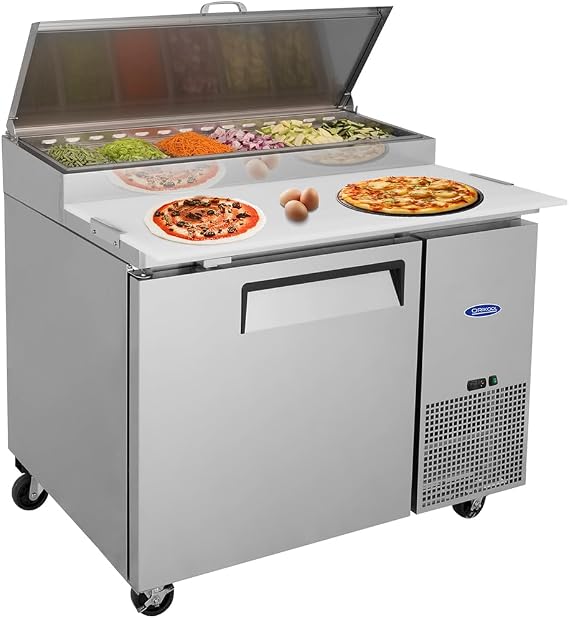 44" Mobile Pizza Prep Table with Integrated 11 Cu.Ft. Fridge. Includes cutting board, protective lid, and is ETL Certified for reliable commercial use.