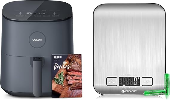 COSORI Air Fryer 4.7L, 9-in-1, 30 Recipes Cookbook, 1-4 Portions&Etekcity Digital Kitchen Scales, Professional Stainless Steel Food Scales, Incredible Precision up to 1 g (5 kg Max), Silver