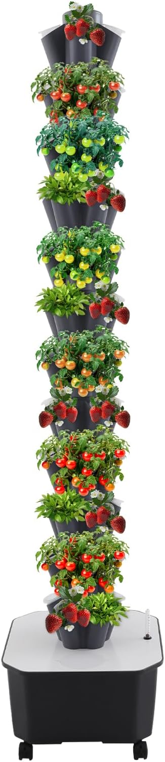 Hydroponics Tower Indoor Growing System,12-Tier 60-Hole Vertical Garden Planter,Herb Garden Kit with 6.6Gal Water Tank,Automatic Water Circulation Pump for Gardening Lover (Grey)
