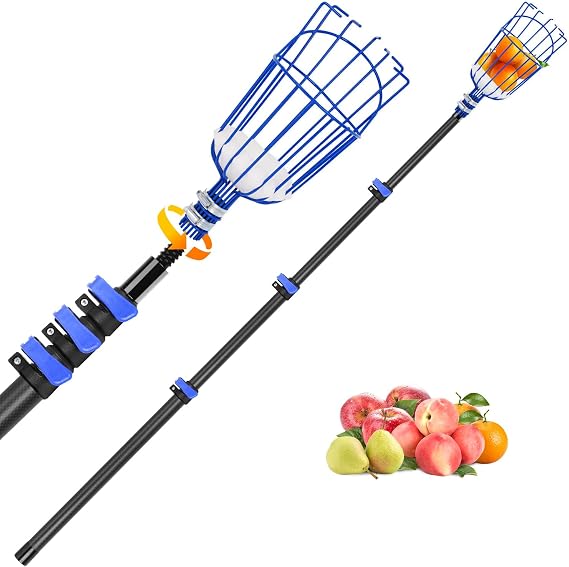 DOBEN Carbon Fiber Telescopic Fruit Picker, 12FT Extendable Pole with Picking Basket for Harvesting Apples, Oranges, Pears, Avocados on High Trees - Lightweight & Durable