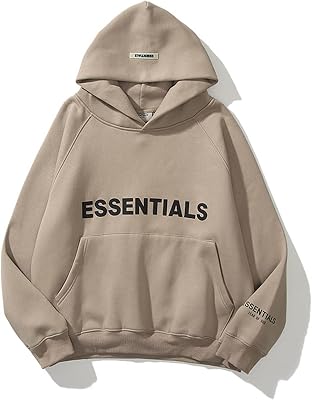Fear of God Essential Hoodie Hip Hop Unisex Hoodie Letter Fleece Hooded Sweatshirt Oversized Hoodie Cotton Material Khaki,Small