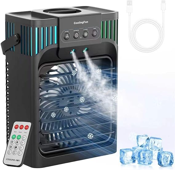 Portable Air Conditioners,4-in-1 Evaporative Air Cooler with 3 Speeds, 3 Modes & 7 LED Light Cooling Fan with Remote, 2-8H Timer, 1200ML Personal Mini Air Conditioner for Bedroom and Office