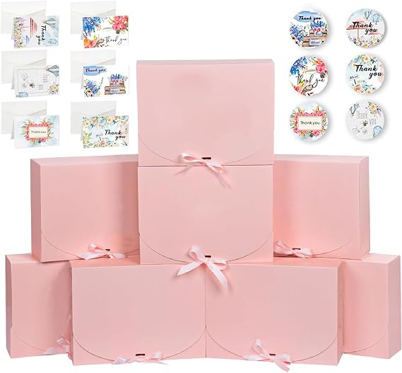 12 Pack Gift Boxes with Lids, Kraft Paper Gift Boxes with Ribbon Greeting Cards Envelopes for Wedding Birthday Christmas Party Present Packaging (pink)