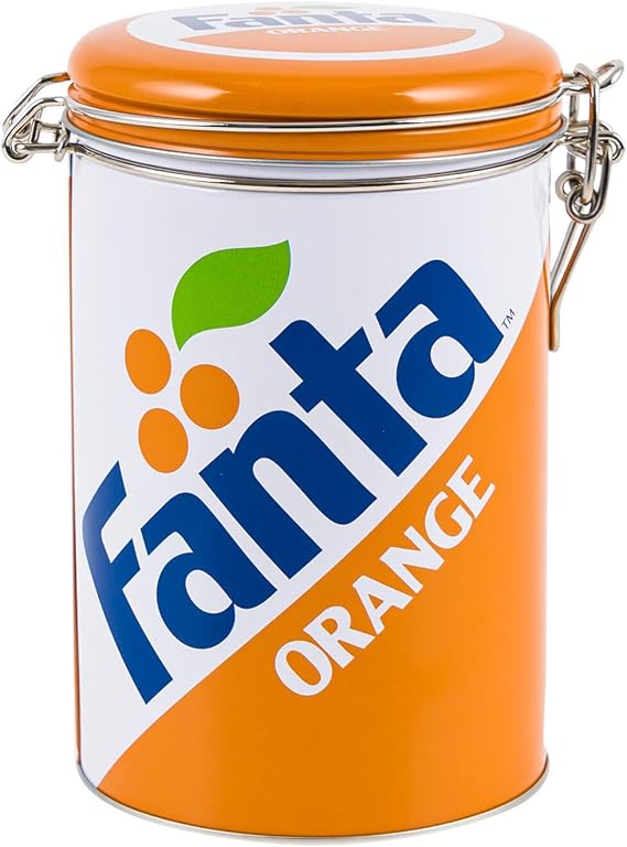 Fanta Orange Food Container Large Round Cylinder All Metal Locking Cookie Jar Metal Canister 7" H 29.8oz/881ml