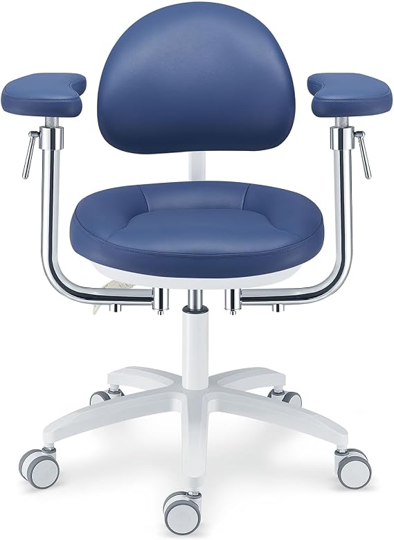 Mobile Adjustable Ergonomic Microscope Doctor's Chair with 360 Rotating Armrest Height Adjustable and Backrest Angle Lifting Chair Dark Blue Skin Feel Leather