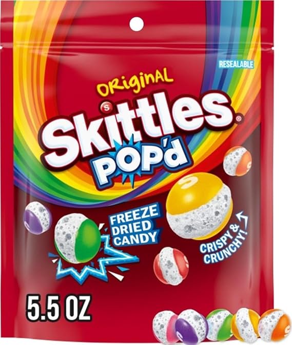 SKITTLES POP'd Originals Freeze Dried Candy, Resealable Bag, 5.5 oz | Crunchy freeze dried candy rainbow bites, crunchy fruity flavor candies for snack time and movie nights, party, goodie bags