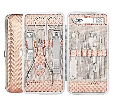 Okbool Manicure Pedicure Set Nail Clipper Grooming Kit Professional Stainless Steel Scissors 12 In 1 With Travel Leather Case (Rose Gold)