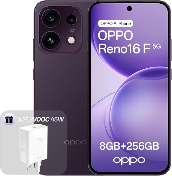 OPPO Reno16 F 5G Unlocked Smartphone, 8+256GB, 50MP Ultra Wide Selfie Camera, AI Remix Collage, 4K Auto Straighten Video, 6.57'' 120Hz Display, IP69K,Twilight Violet(With 45W SUPERVOOC Charger)