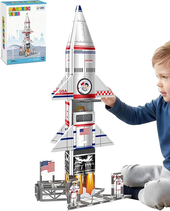 AFUNX Space Rocket Magnetic Tiles, Building Blocks STEM Toy for Kids 3+