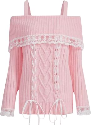 Womens Off Shoulder Knit Sweaters y2k Lace Trim Slim Fit Long Sleeve Cable Knit Pullover Tops Aesthetic Sweater