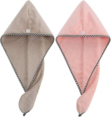 RemeeHi Hair Towel Wrap 65x25cm Microfiber Head Drying Towels Quick Dry Hat with Button Shower Wrapped Cap 2 Pack Khaki  Light Pink