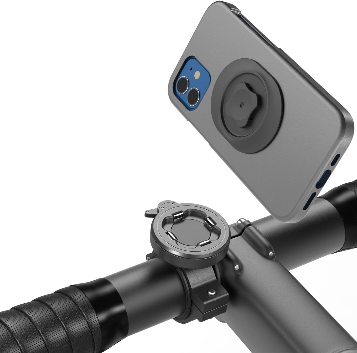 Bike Handlebar Phone Mount with 4-Point Buckle – Universal Clamp for Scooter, E-Bike, MTB | 3M Adhesive Adapter | CNC Aluminum Holder