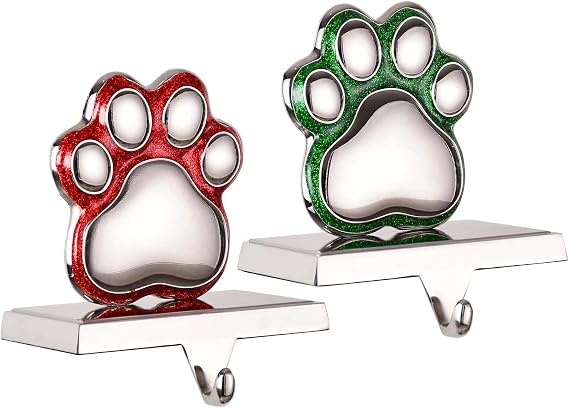 2PCS Holiday Christmas Stocking Holder Set Stocking Holders for MantleLuxury Mutli Hangers for Christmas Stockings and DecorationsDog Paw Sturdy Christmas Decorations for Fireplace (Paw Print Set)