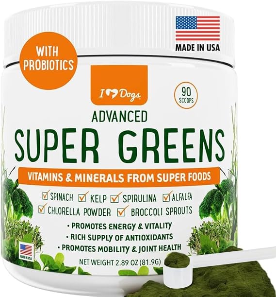 iHeartDogs Super Greens for Dogs with Broccoli Sprouts & Spirulina | Seasonal Allergy & Immune Support, Vitamins, Antioxidants & Minerals, Powder Supplement, 90 Scoops