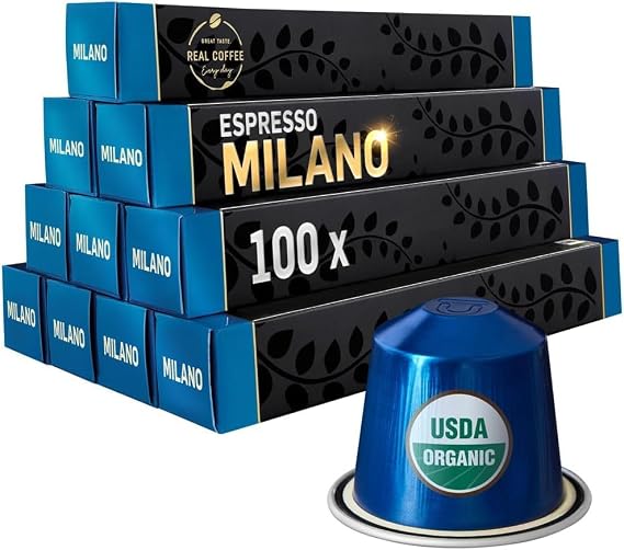 Milano Organic Italian Espresso for Nespresso | 100 Organic Aluminum Capsules | The Strongest Organic Espresso in the World! | 100% Nespresso Compatible Pods | Fairtrade
