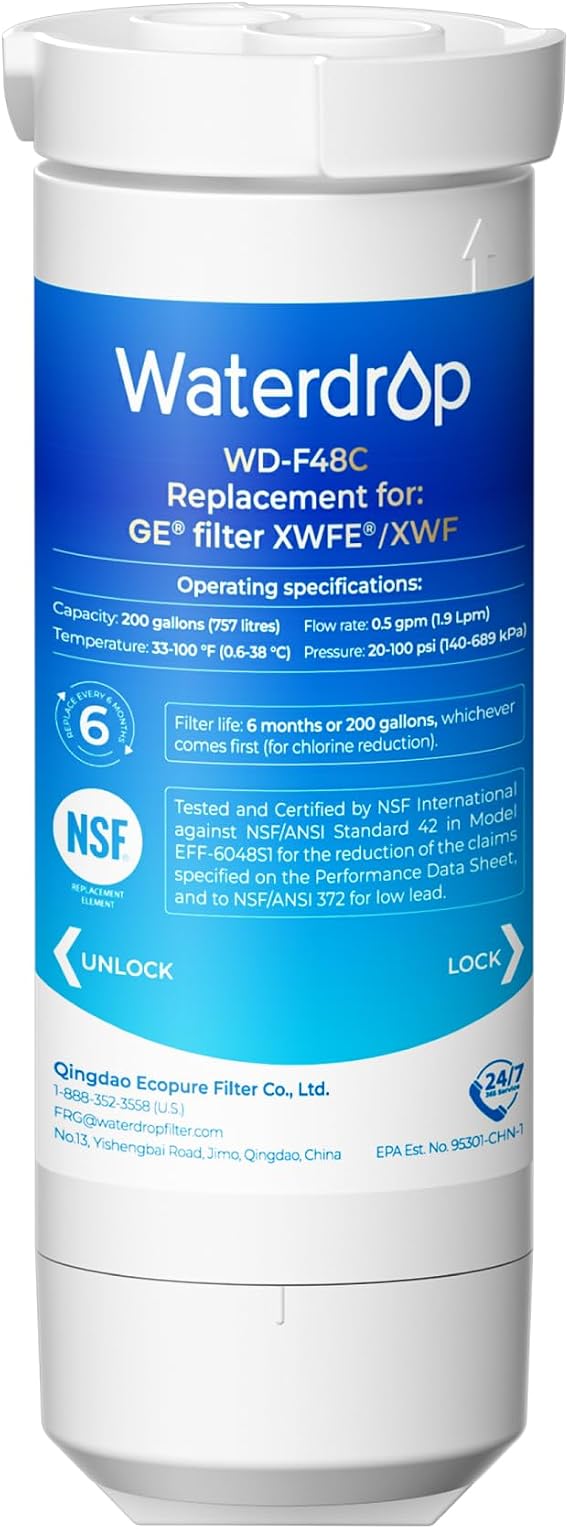Waterdrop XWFE Water Filter, Replacement for GE XWFE, Built-in Chip | Replacement for GE XWF, Compatible with GNE27, GFE26, GDE25, GSS25 and PSE25 Series Refrigerators, NSF 42 & 372 Certified