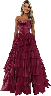 Tiered Chiffon Lace Corset Prom Dresses for Women 2026 with Slit Long Strapless Formal Evening Party Gown