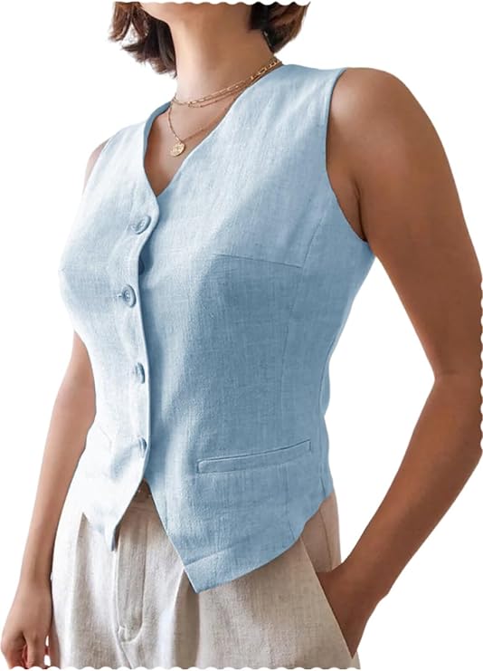 Women's Linen Vest V-Neck Button Down Waistcoat | Formal Business Sleeveless Blazer