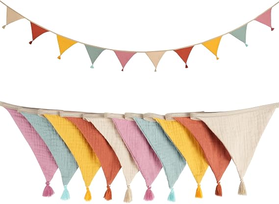 Fabric Bunting Banner,Triangle Garland Flags with Tassels,Double Sided Colorful Cotton Bunting for Birthday,Wedding,Baby Shower,Indoor Activity Party Festivals Decoration