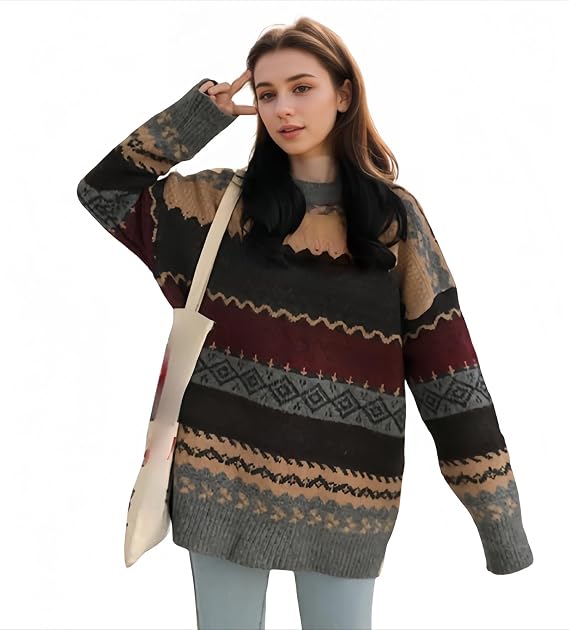 Striped Sweater Women Knit Baggy Grandpa Vintage Pullover Grunge Old Money Casual Long Sleeve Aesthetic Streetwear (Grey,One Size,One Size)