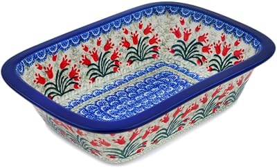 Polmedia Polish Pottery Rectangular Baker - Crimson Bells Pattern Handmade in Boleslawiec Poland by Ceramika Artystyczna  Certificate of Authenticity