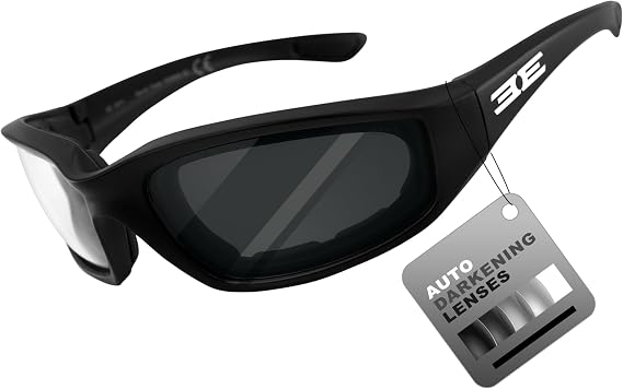 Epoch Eyewear Motorcycle Padded Photochromic Auto-Darkening Sunglasses Black Frame w/Clear to Super Dark Lens