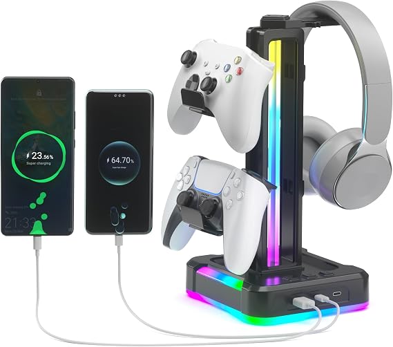 KDD RGB Gaming Headphone and Controller Stand with 2 Type-C and 1 USB Ports