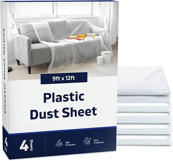 Plastic Dust Sheets for Decorating Pack of 4 Painting Drop Cloth Polythene Sheeting Large Plastic to Cover Furniture, Floor & DIY Projects
