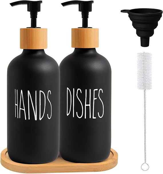 2Pcs Glass Soap Dispenser 500ML with Tray Set, Black Washing Up Liquid Dispenser, Refillable Pump Bottles with Funnel, Brush for Bathroom, Kitchen, Hand and Dish