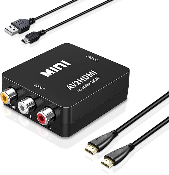 AV to HDMI Converter, 1080P RCA to HDMI Converter, Mini RCA Composite CVBS Video Audio Adapter Converter Support PAL/NTSC for Wii PS3 Xbox VHS N64 VCR PC Blue-Ray DVD Player(with USB and HDMI Cable)