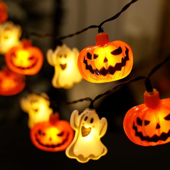 RECESKY Halloween String Lights - 20 LED 6.6Ft 3D Pumpkin Ghost Battery Powered Light with Timer - Spooky Cute Decor for Outside Indoor Yard House Bedroom Holiday Window Fireplace Party Decorations