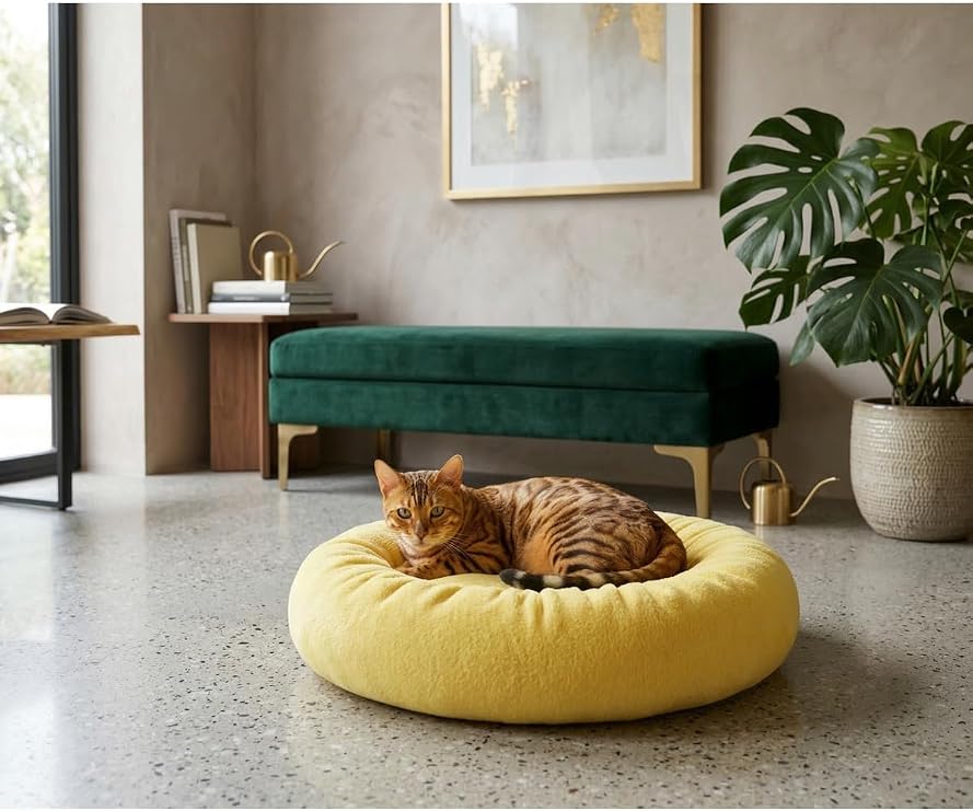 Peluş Simit Kedi Yatağı, Küçük Irk Köpek Yatağı, 55 Cm Çap, Sarı