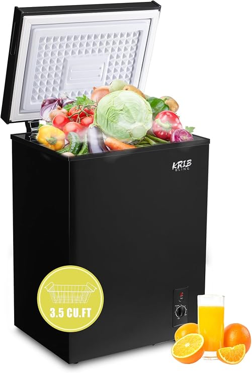 Krib Bling 3.5 Cu.Ft Freestanding Chest Freezer with a Removable Basket, 7 Gears Temperature Control (-18F to -46F), Deep Freezer for House, Garage, Kitchen, Basement, Shop, Black