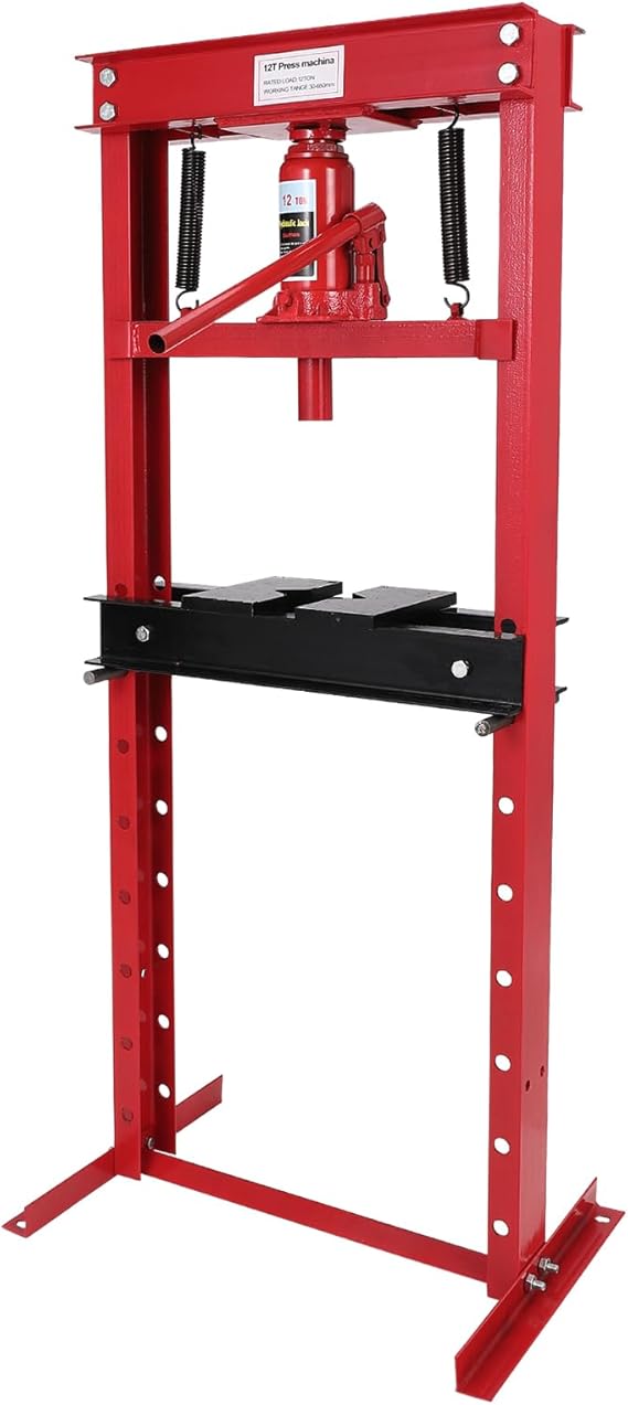 12 Ton Hydraulic Press with Press Plates, H-Frame Garage Floor Press, Benchtop Hydraulic Shop Press for Car Repair and Garage, Adjustable Working Table Height, Red