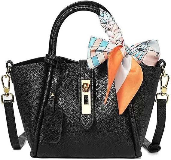 Genuine Leather Lock Design Bucket Bag Vegetable Basket, Commuting Shoulder Handbag Tote bag