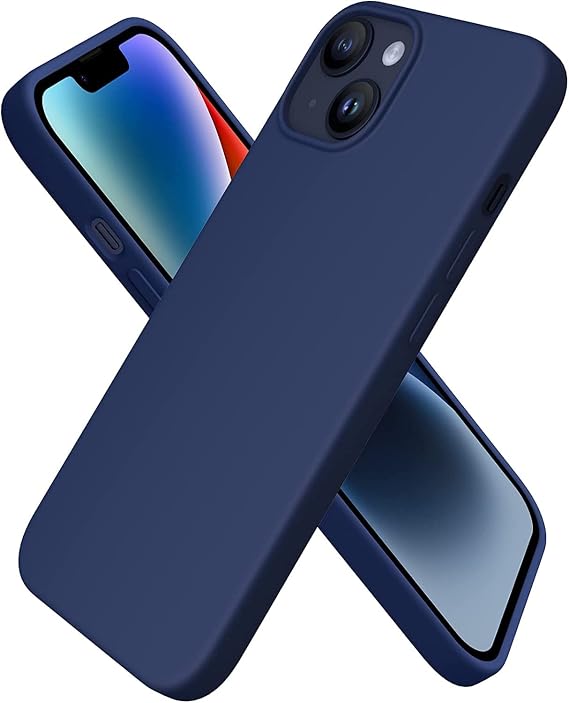 URUCHI iPhone 14 Plus / 15 Plus ile Uyumlu Kılıf, İçi Kadife Kaplamalı İnce Sıvı Silikon Tam Koruma Yumuşak Jel Silikon Kapak, Lacivert