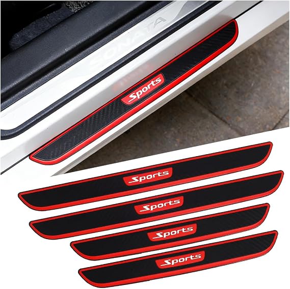 4PCS Car Door Sill Protector, Carbon Fiber Rubber Door Entry Edge Step Guard Anti-Scratch Sticker, Automotive Threshold Scuff Plate Protection Strip, Universal Fit (Red Sport)