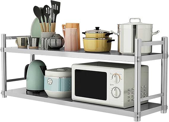 Storage Shelf,2-Tier Stainless Steel Shelving Unit,Kitchen Storage Shelf, Microwave Oven Rack Cookware Organizer Shelves, Wall-Mounted Storage Shelves with Guardrail(80X30X55CM)