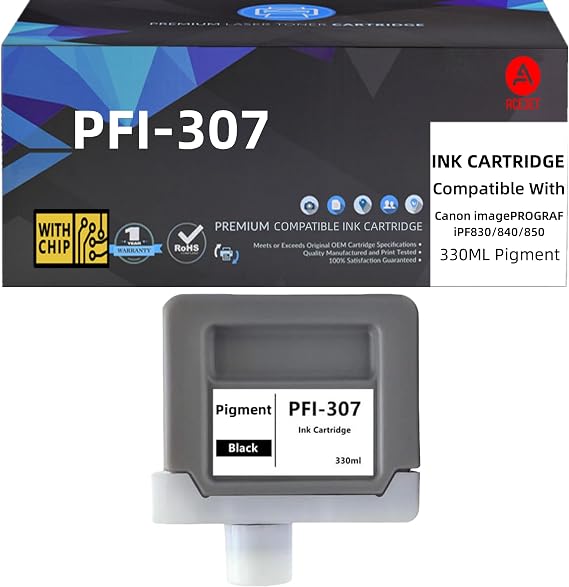 PFI-307 Ink Tank Pigment Replacement for Canon PFI-307MBK PFI-307BK PFI-307C PFI-307M PFI-307Y Compatible with imagePROGRAF iPF830 iPF840 iPF850 (Black-1Pack-330ml)