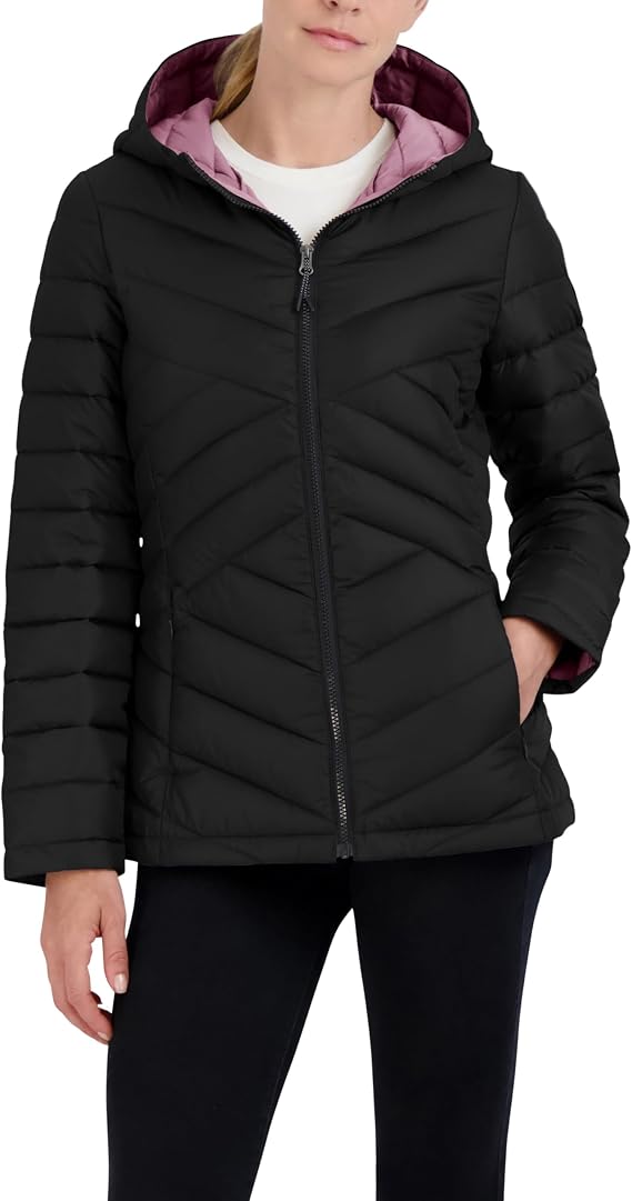 HFX Women's Mid-weight Puffer Jacket Water-resistant, Stretch Quilted Coat, Removable Faux Sherpa Lined Hood, Recycled Fill