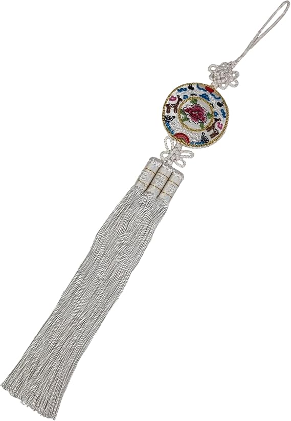 Five Blessings Korean Norigae - Traditional Embroidered Peony, Deer and Crane Pendant Tassel Charm - Hanbok Accessory (White)