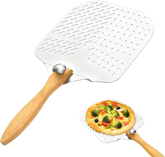 12" Aluminum Pizza Peel - Perforated Non-Stick Pizza Paddle with Foldable Wooden Handle for Outdoor Ovens & Artisan Breads