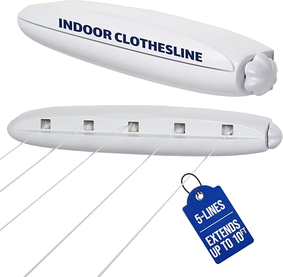 Strata 5-Line Retractable Indoor Clothesline, Adds 51 Feet of Drying Space, Wall Mounted Clothes Line, Easy to Install Retractable Laundry Line, Adjustable Indoor Clothesline for Air Drying Clothes