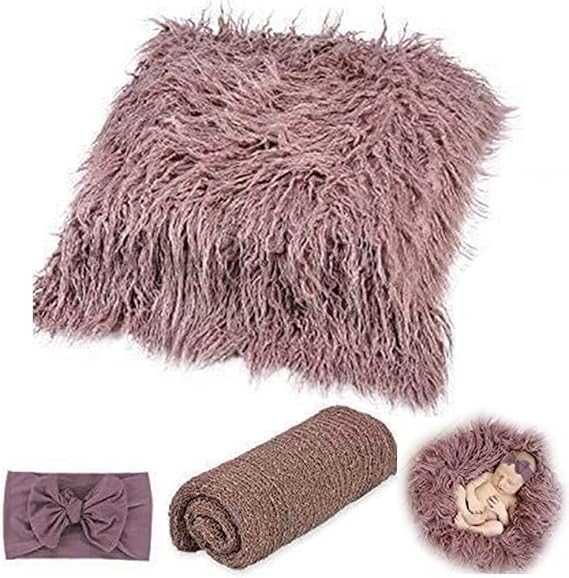 Newborn Photography Props 3Pcs/Set Fluffy Blanket Wrap Headband Set Comfortable Baby Photography Wrap Mat Baby Photo Props