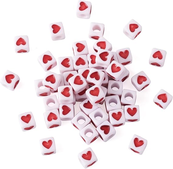 50Pcs 7mm Acrylic Heart Cube Beads Opaque White Red Love Heart Square Beads Square Loose Spacer Bead Large Hole Cube Pony Bead for DIY Bracelets Necklaces Lanyard Jewelry Making