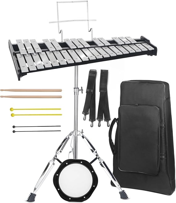 Professional 32 Note Glockenspiel Xylophone Bell Kit for beginner :Muted Practice Pad Percussion Kit for Adult, with Three Types of Drumsticks, Adjustable Stand&Carrying Bag
