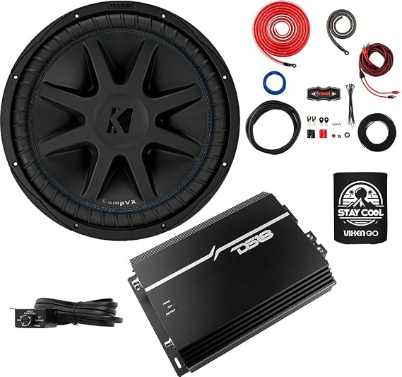 KICKER Subwoofer and Amp Package of 3 Items - 12" CompVX 1500 Watt Sub, DS18 Korean Class D Monoblock Amplifier, and Complete 0AWG Wiring Kit 50CVX122+EXL-P2000X1D+AMPKIT0