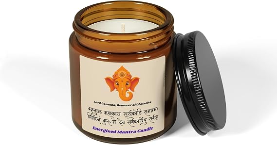 Energized Mantra Candle, Lord Ganesha, Aromatherapy, Amber Jar, Multi-Size Candle, Meditation Can-dle, Yoga (4 oz)